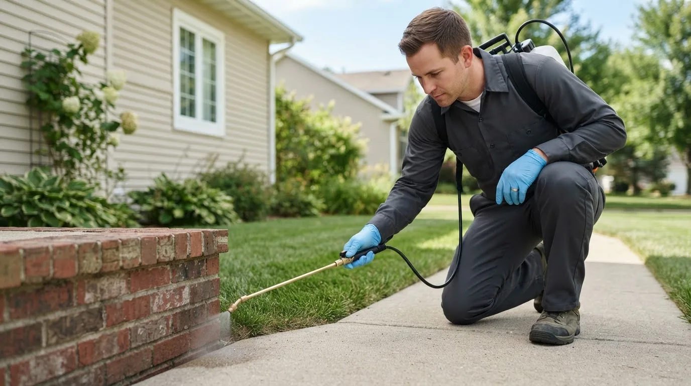 Pest control technician treating a home near Esmond, ND