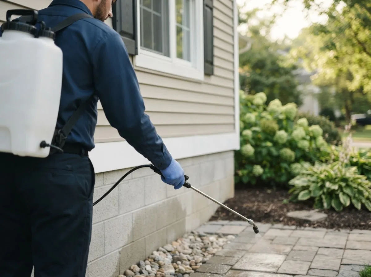 Pest control technician inspecting a home in Esmond, ND